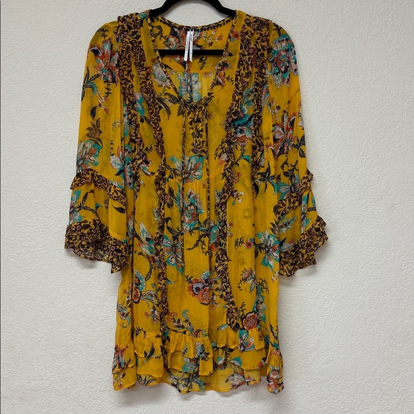 Anthropologie Breezy Sheer Tunic Women Small Yellow Floral Boho Top Blouse XS - Picture 2 of 4